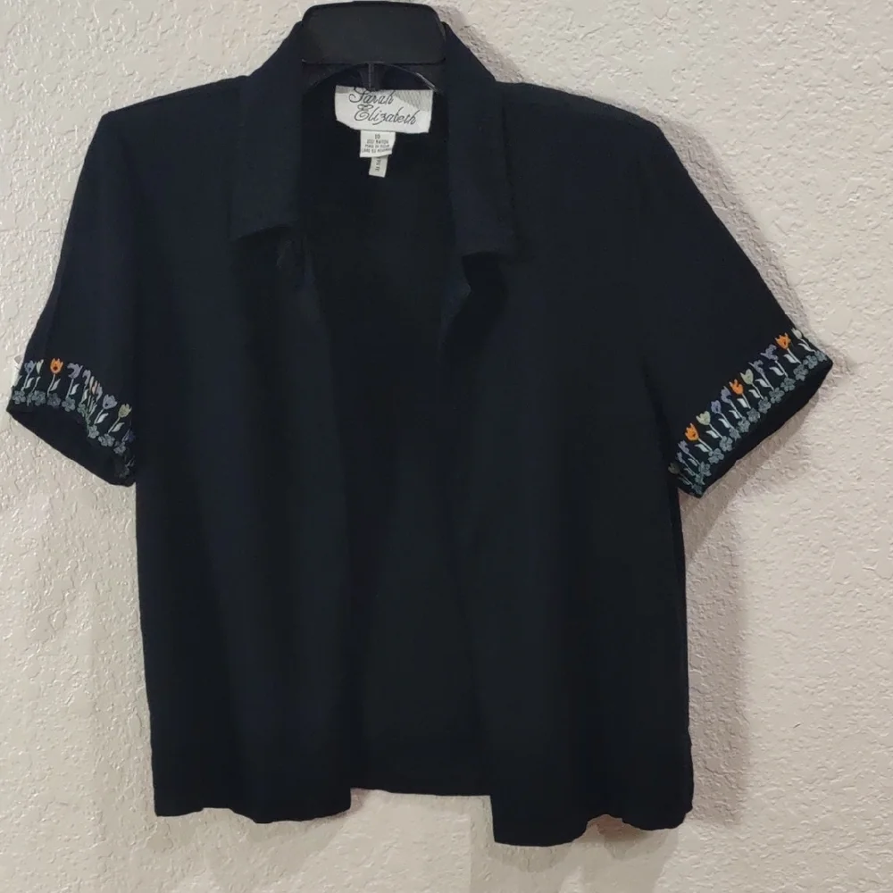 Sarah Elizabeth Black Short Sleeve Shirt with Embroidered Sleeves - Picture 6 of 17